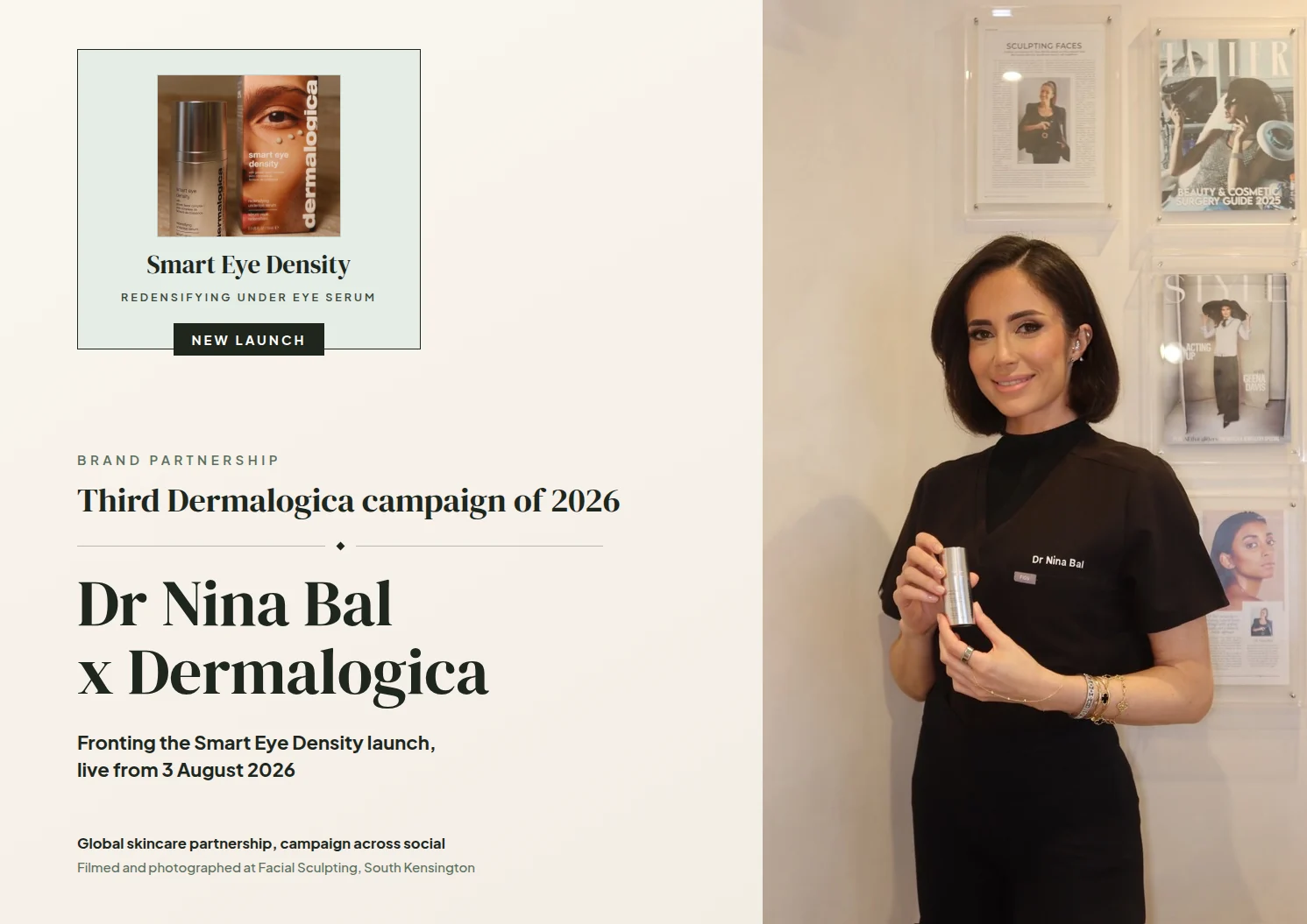 Dr Nina Bal holding Dermalogica Smart Eye Density at the Facial Sculpting clinic for the campaign launch
