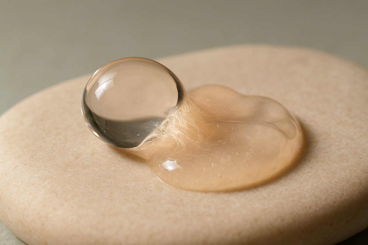 Macro still life of a single clear enzyme droplet dissolving into pale gel on smooth stone in warm daylight, hyaluronidase filler-dissolving editorial at Facial Sculpting London