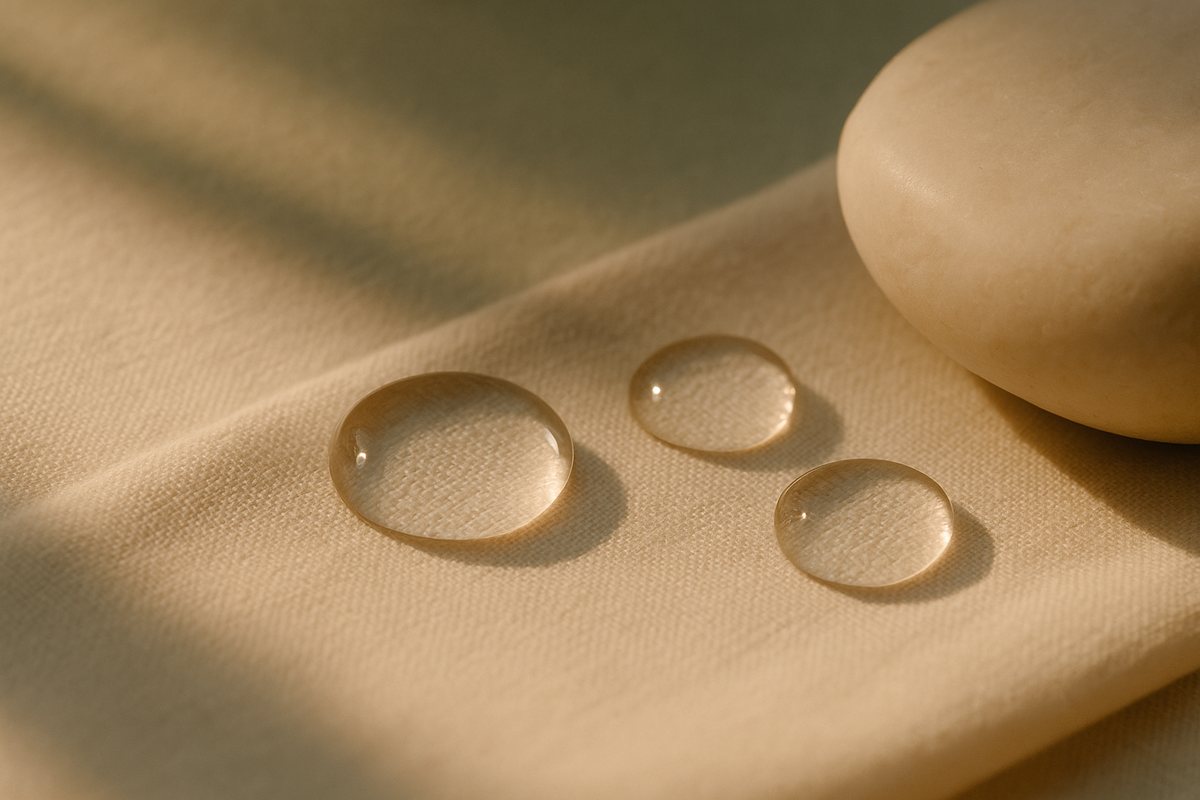 Macro still life of three clear viscous droplets on pale ivory linen beside smooth pale stone in warm daylight, amino acid skin booster editorial at Facial Sculpting London