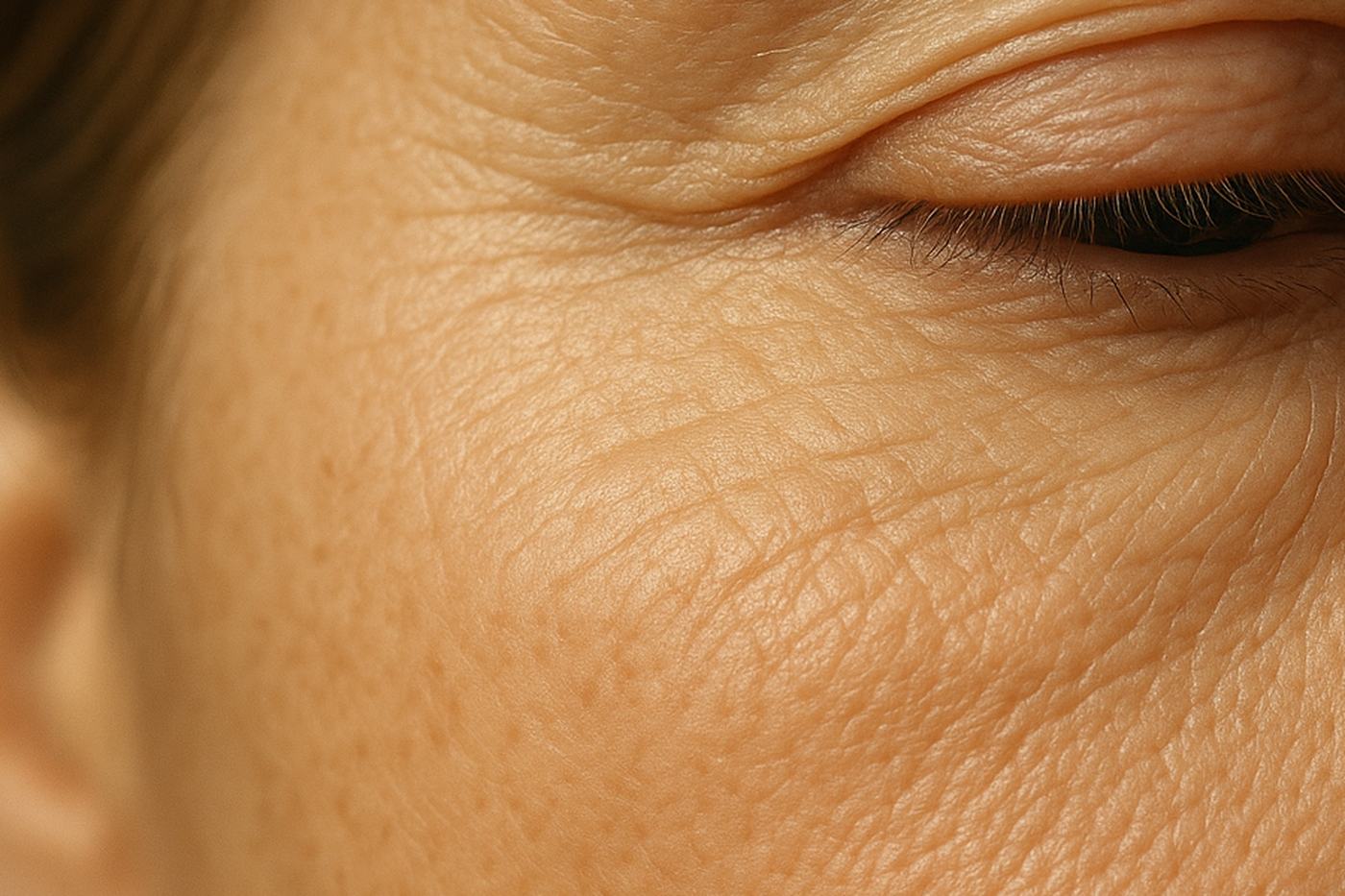 Extreme macro of the lower lash line and upper cheek of a woman in her late forties in soft warm daylight, natural unretouched skin texture, under-eye skin booster editorial at Facial Sculpting London