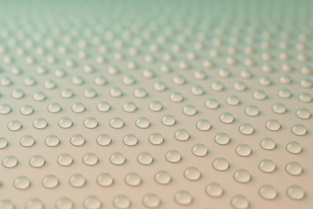 Abstract macro of hundreds of minute clear droplets in even rows across a matte ivory surface in mint and peach light, representing the grid of micro-channels created by SkinPen