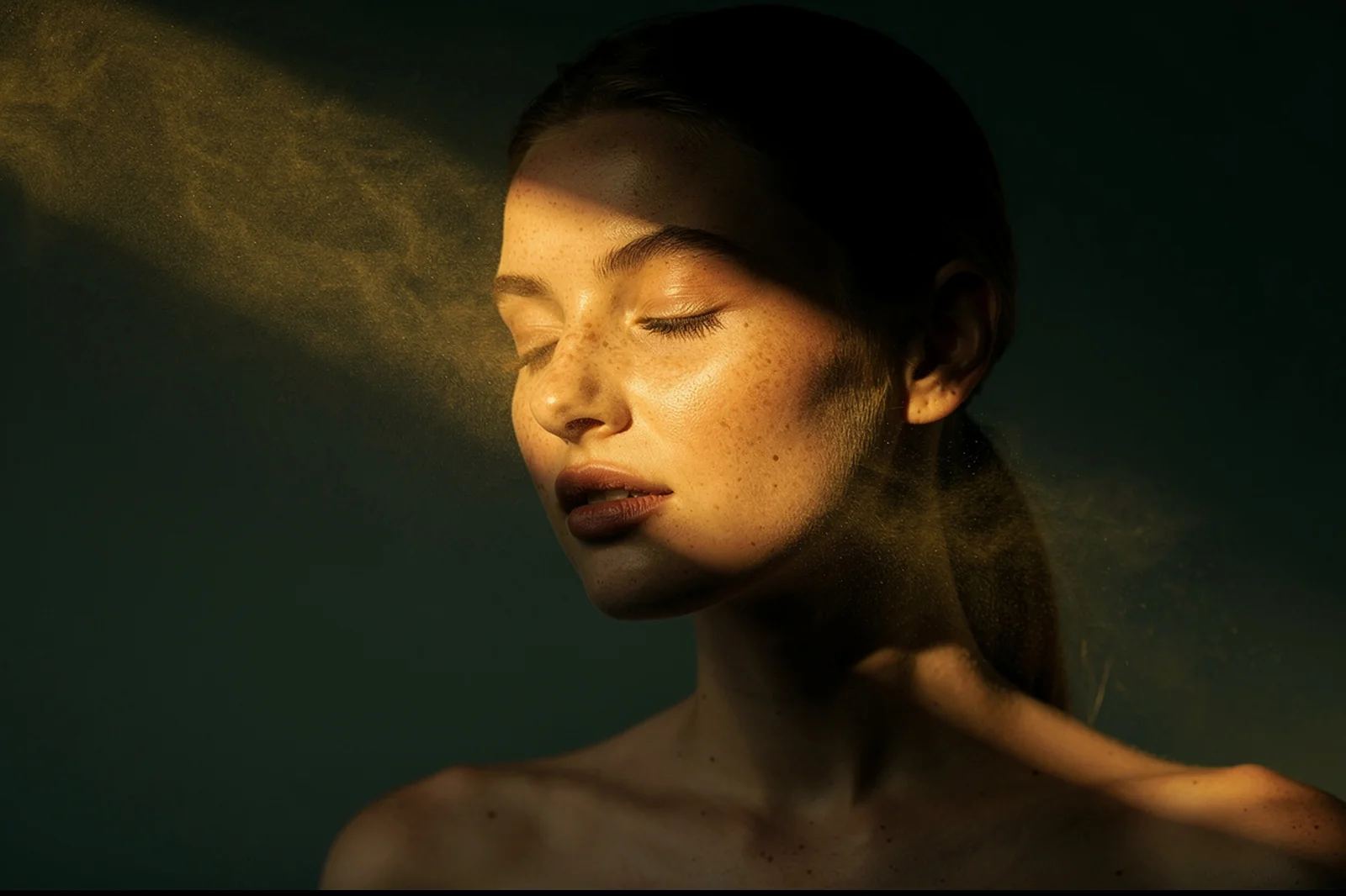 A broad beam of warm golden light sweeping across a woman's cheek and brow against deep sage shadow, broadband light editorial at Facial Sculpting London