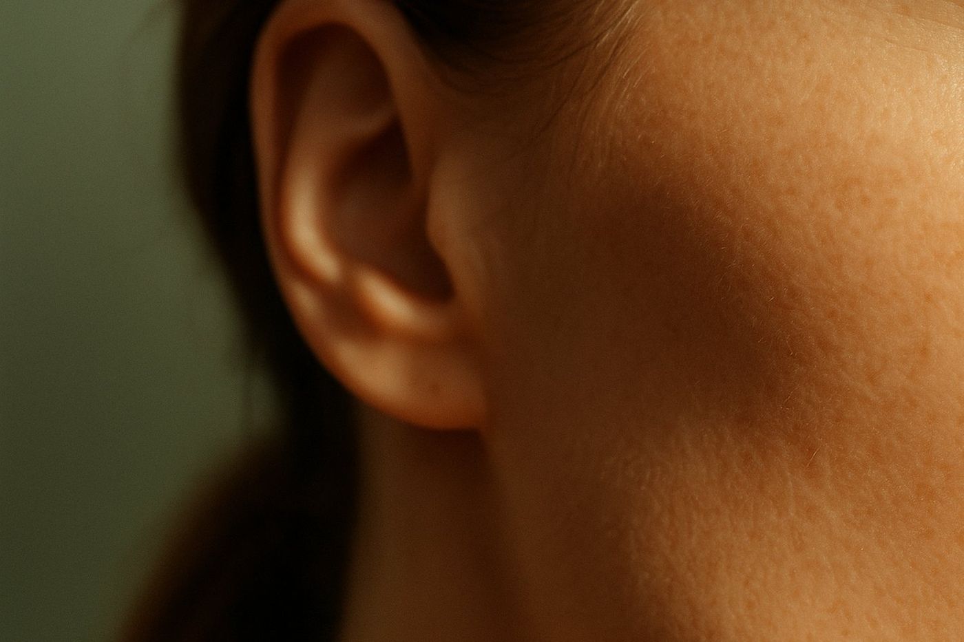 Extreme macro of warm daylight raking across a fragment of real cheek and temple skin against a sage background, broadband light editorial at Facial Sculpting London