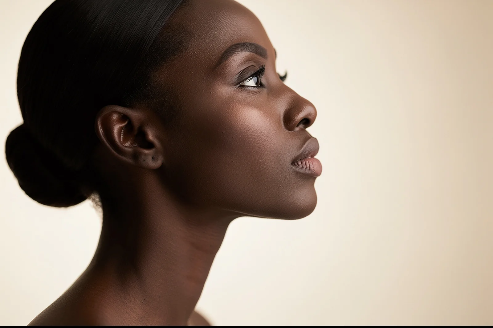 Clean side profile of a woman in soft daylight against warm ivory, the contour of forehead, nose, lips and chin read as one line, facial balancing at Facial Sculpting London