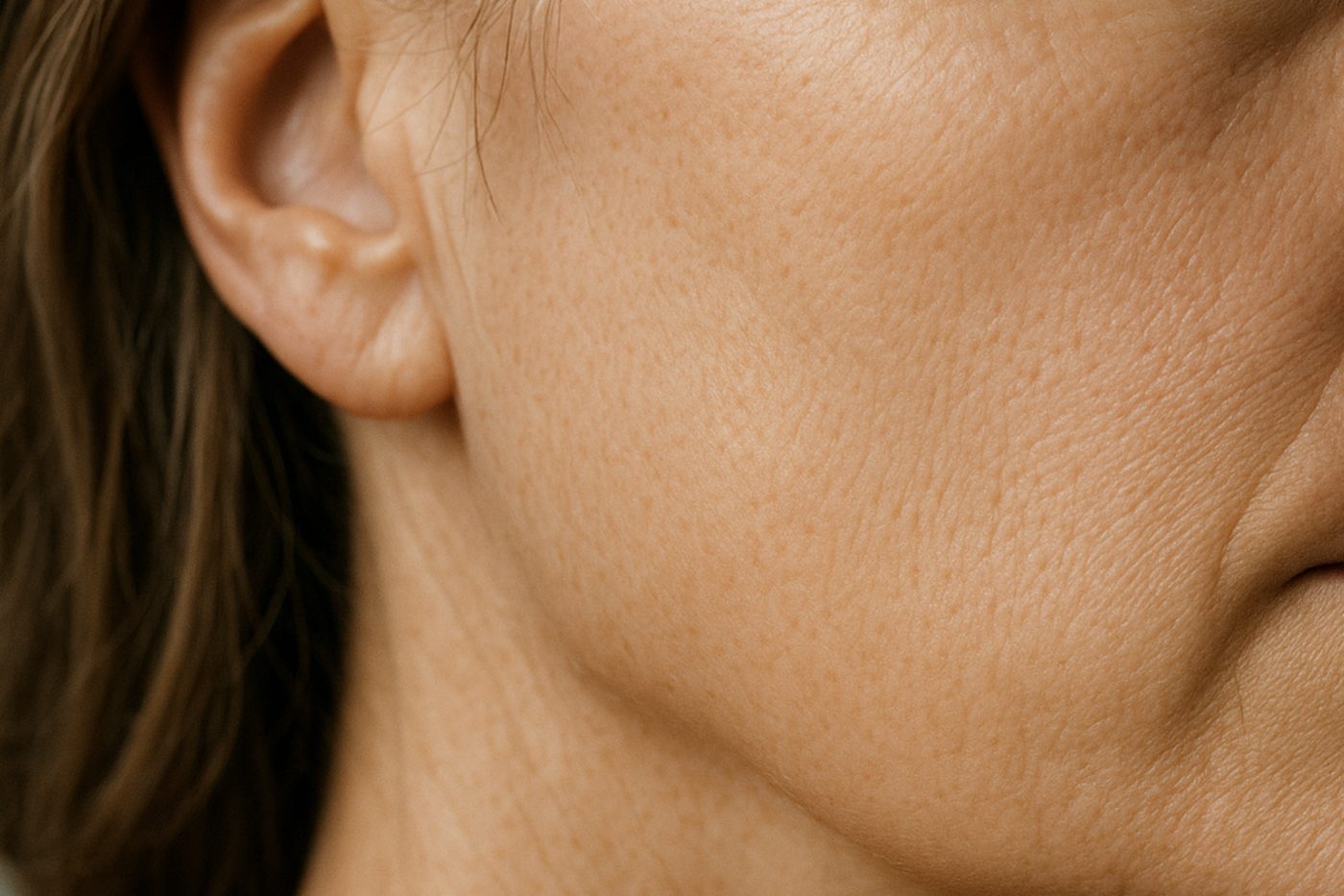 Extreme macro of the jawline and lower cheek of a woman in her late forties in soft warm daylight, natural unretouched skin texture, filler-dissolving editorial at Facial Sculpting London