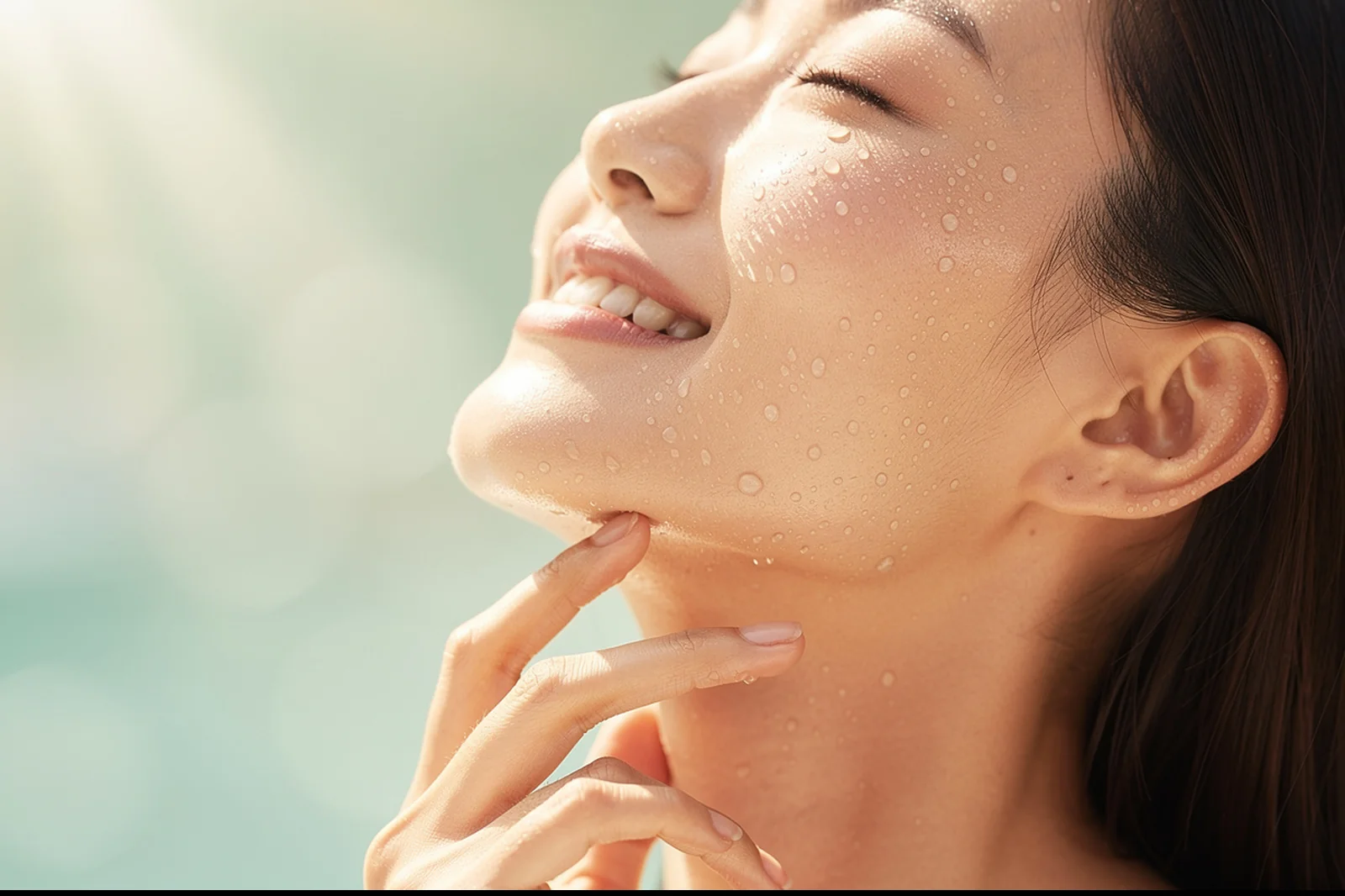 A woman smiling with her head tilted back into bright sunshine, water droplets on her cheek and jaw catching the light, summer skin editorial at Facial Sculpting London