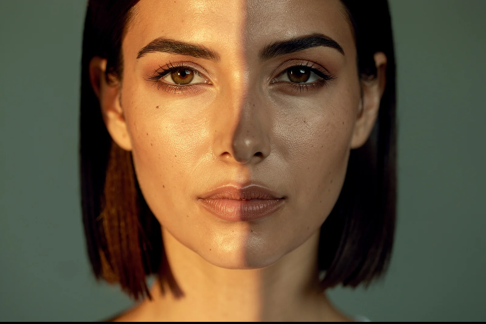 A woman facing the camera straight on with one half of her face in warm light and the other in cool sage shadow, facial asymmetry editorial at Facial Sculpting London