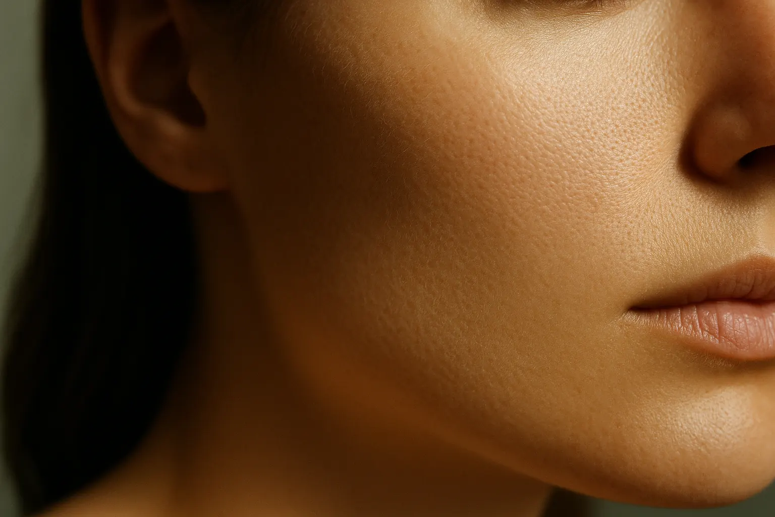 Macro editorial close-up of a cheek and jaw with daylight raking across one plane and the next falling into shadow, facial asymmetry at Facial Sculpting London