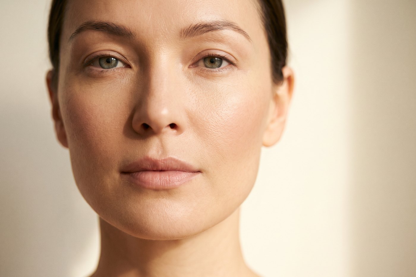 Calm beauty editorial portrait of a woman with naturally refined lips and cheeks in soft warm light, the natural result Hyalase filler dissolving aims for at Facial Sculpting London