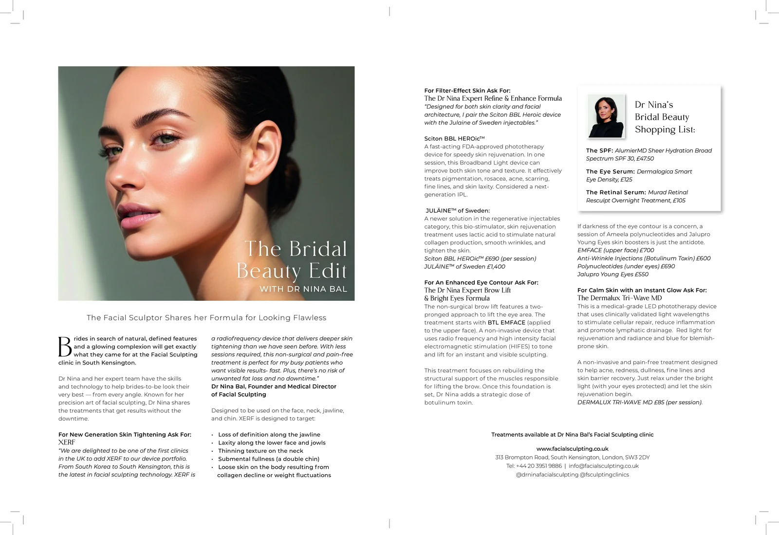 The Bridal Beauty Edit with Dr Nina Bal across two pages of Chelsea Life, September 2026, including Dr Nina's bridal beauty shopping list