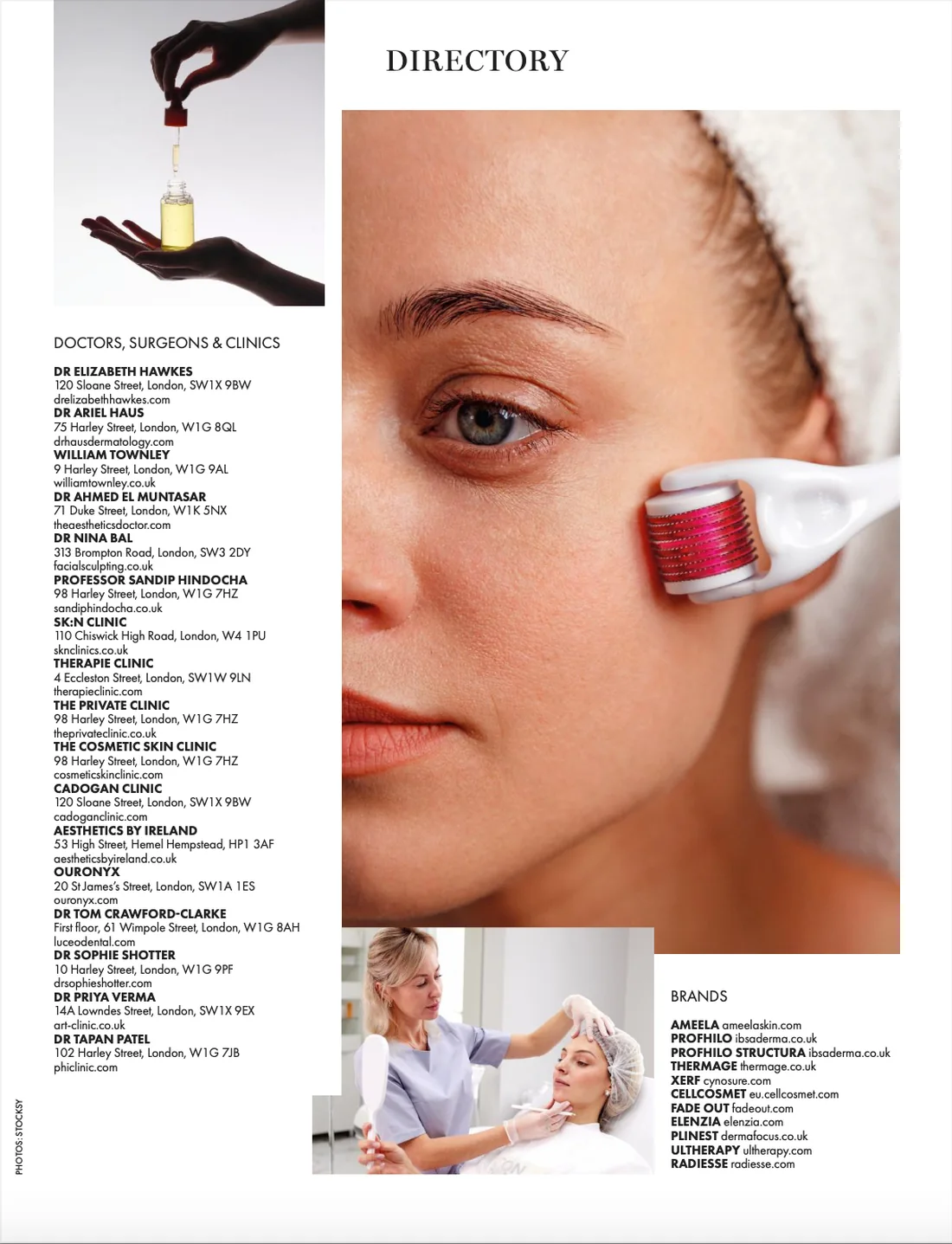 The Directory pages of the HELLO! Aesthetics Guide 2026 Address Book, listing Dr Nina Bal at 313 Brompton Road, London SW3 2DY