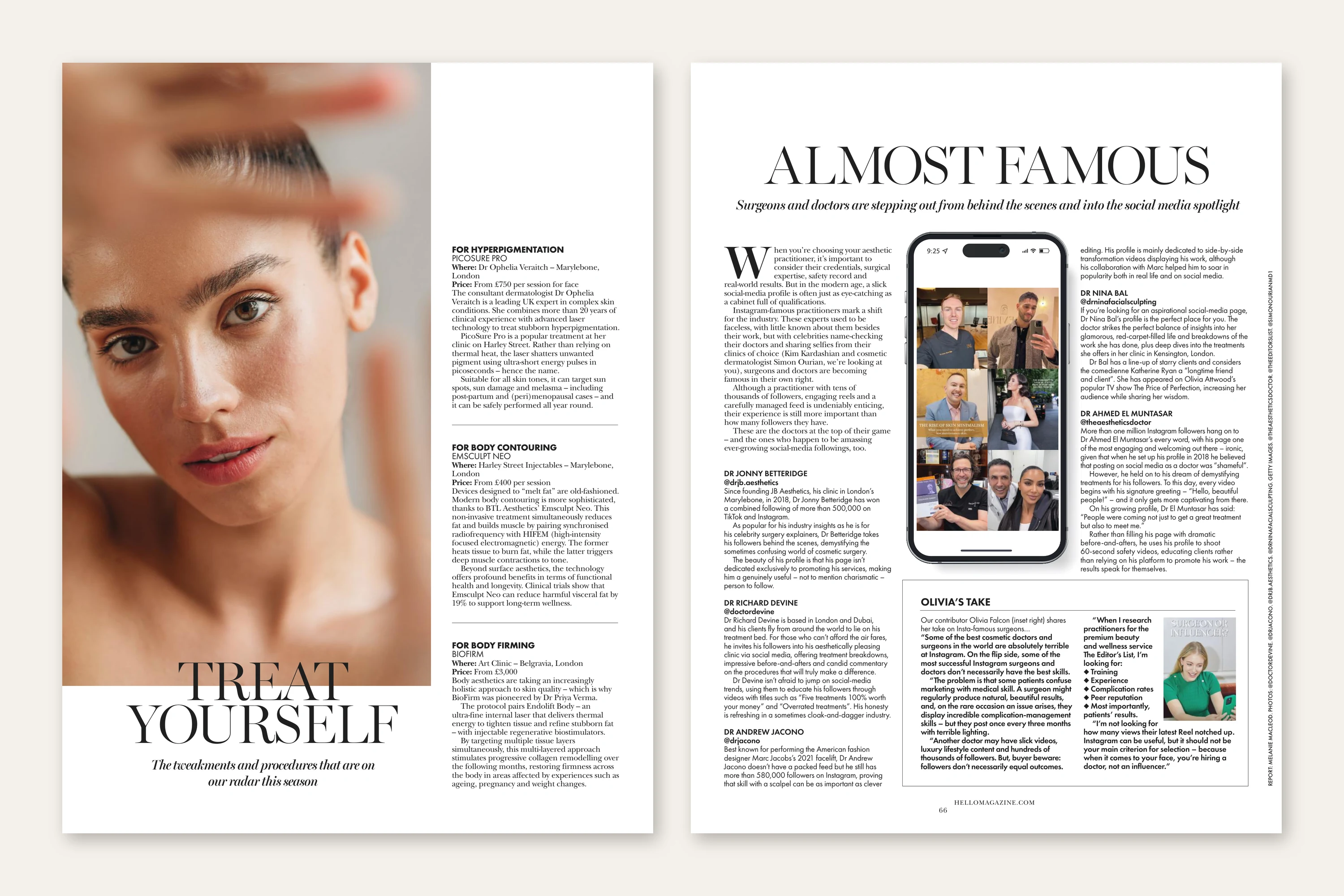 The Treat Yourself opening page and the Almost Famous page from the HELLO! Aesthetics Guide 2026, both featuring Dr Nina Bal