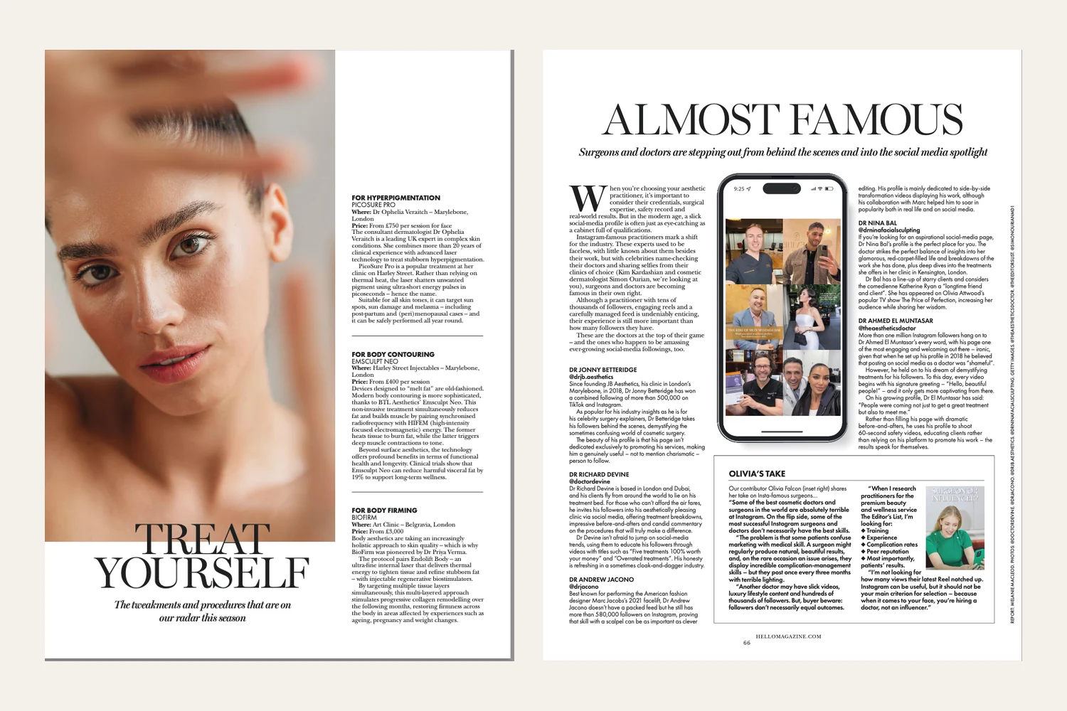 The Treat Yourself opening page and the Almost Famous page from the HELLO! Aesthetics Guide 2026, both featuring Dr Nina Bal