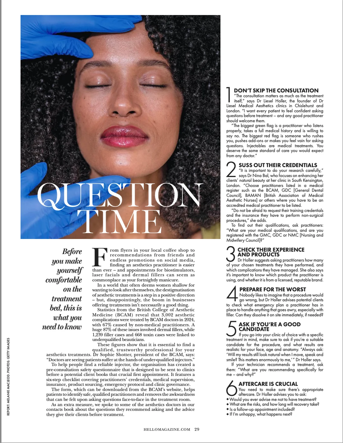 The Question Time feature in the HELLO! Aesthetics Guide 2026, with Dr Nina Bal advising readers to check a practitioner's medical register listing