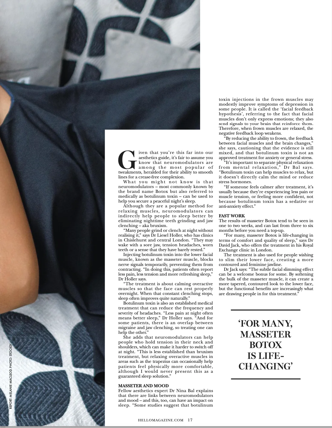 The Sleep Tight feature in the HELLO! Aesthetics Guide 2026, with Dr Nina Bal quoted in the Masseter and mood section