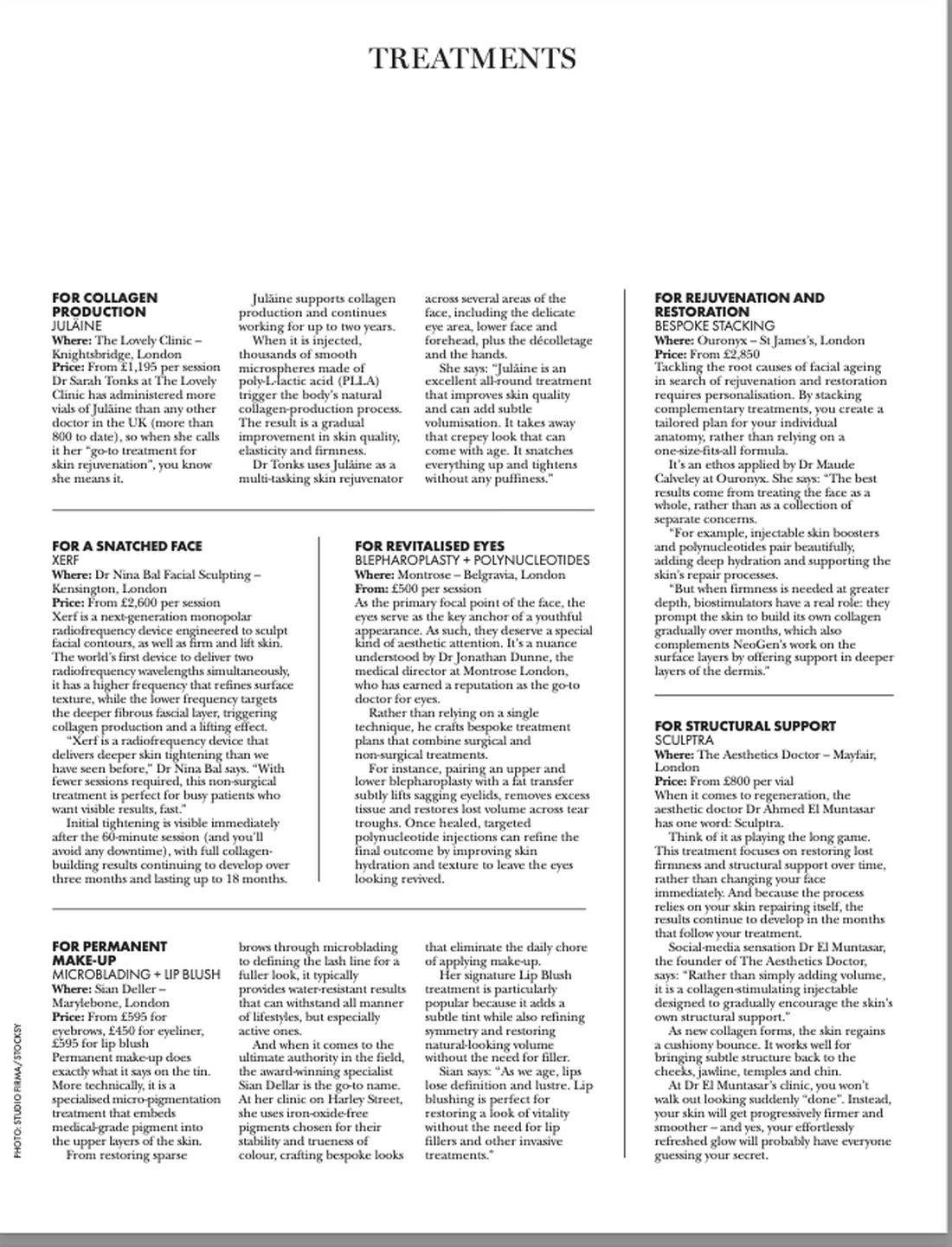 The Treat Yourself page of the HELLO! Aesthetics Guide 2026, with XERF at Dr Nina Bal Facial Sculpting listed under For a snatched face