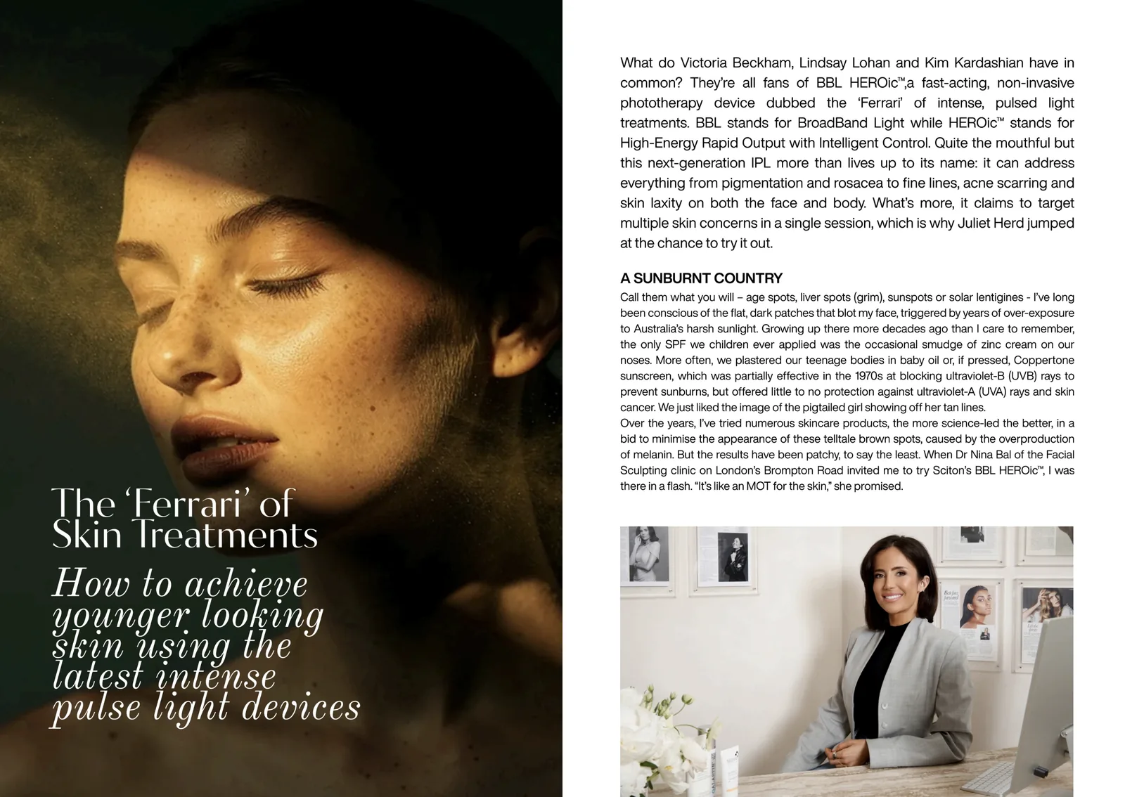 The opening spread of The 'Ferrari' of Skin Treatments in MilliOnAir Autumn 2026, with a portrait of Dr Nina Bal at the Facial Sculpting clinic