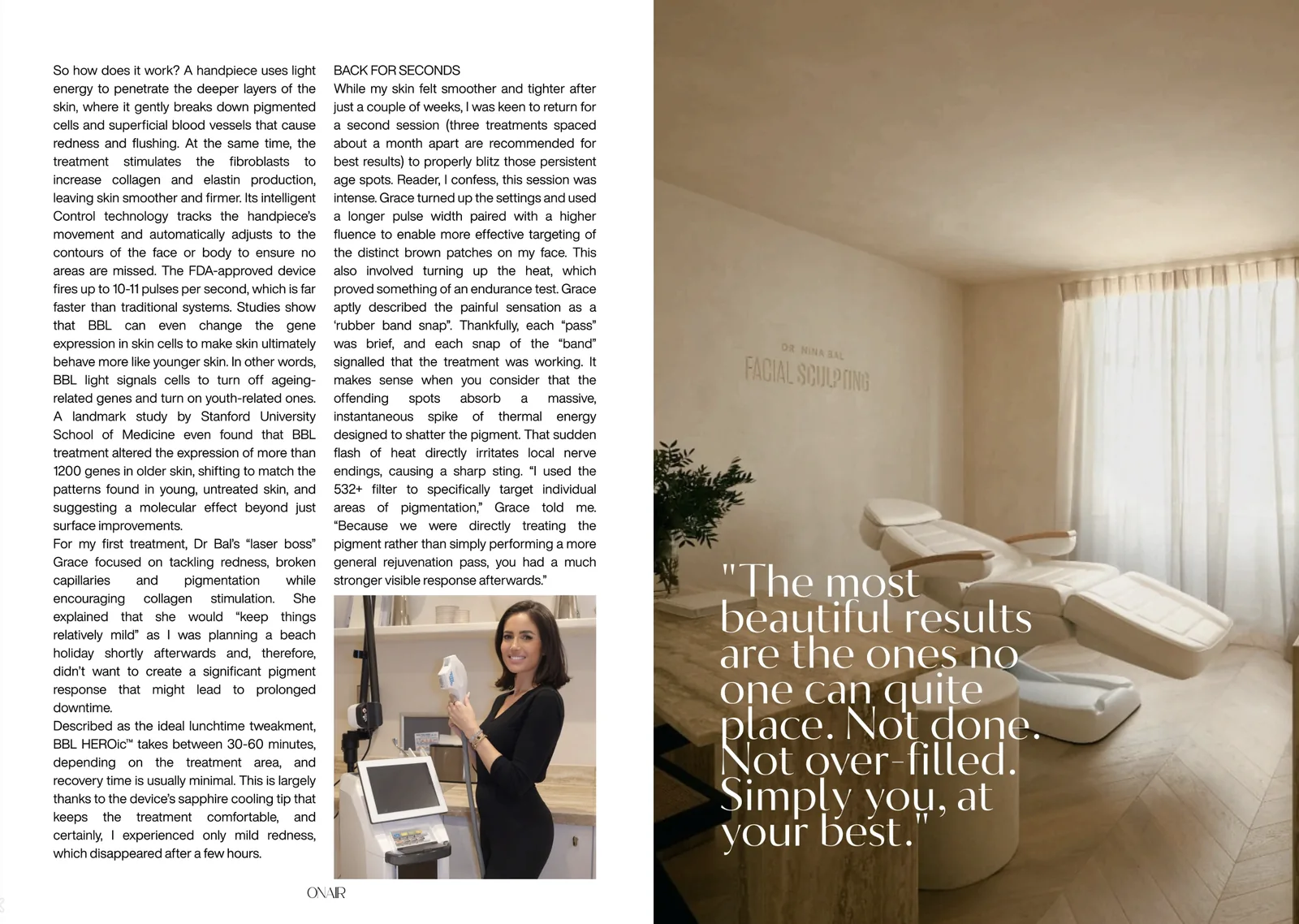 The second spread of the MilliOnAir BBL HEROic feature, with Dr Nina Bal holding the BBL handpiece in the Facial Sculpting treatment room