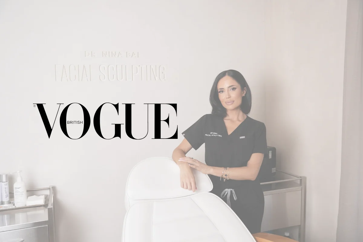 British Vogue masthead beside Dr Nina Bal in her treatment room at Facial Sculpting