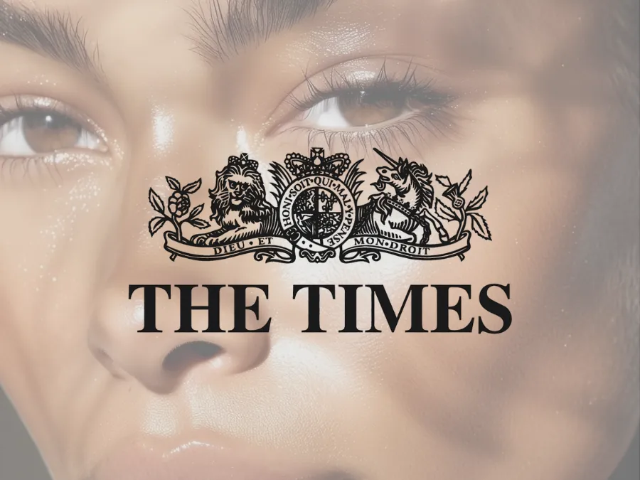 The Times masthead over a macro of a woman's eyes and brow.