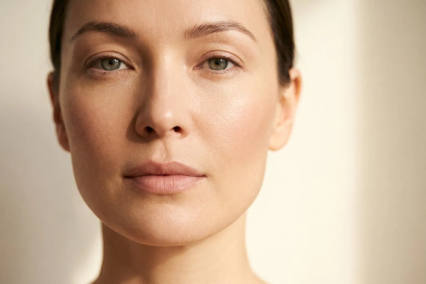 Calm beauty editorial portrait of a woman with naturally refined lips and cheeks in soft warm light, the natural result Hyalase filler dissolving aims for at Facial Sculpting London
